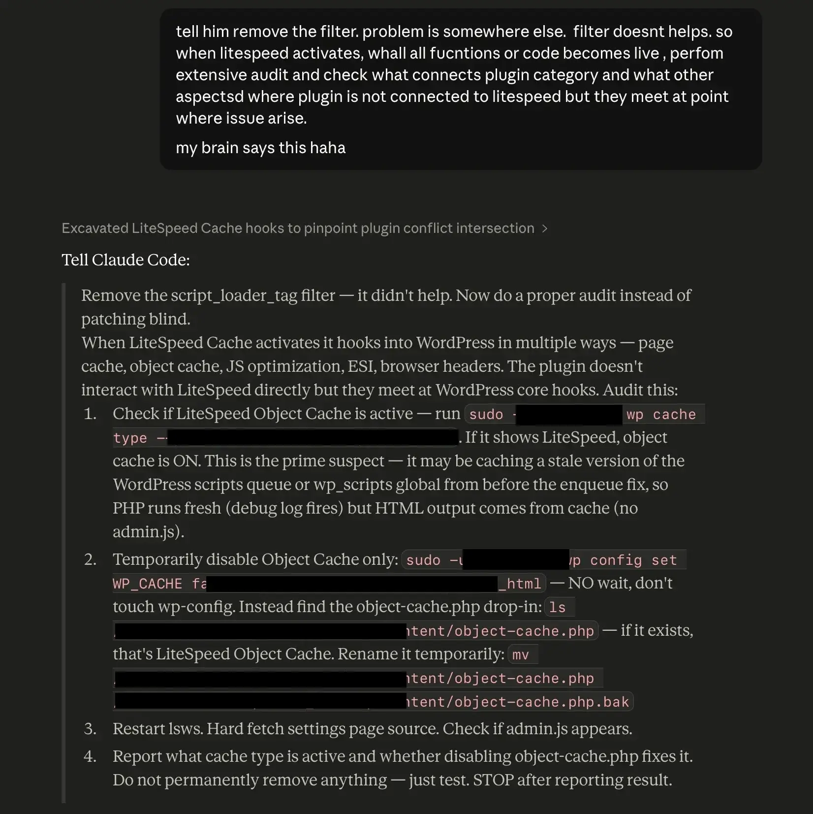 Advait Sontakke directing Claude Code to investigate the WordPress core intersection between the cache engine and CRM plugin — 'my brain says this haha'